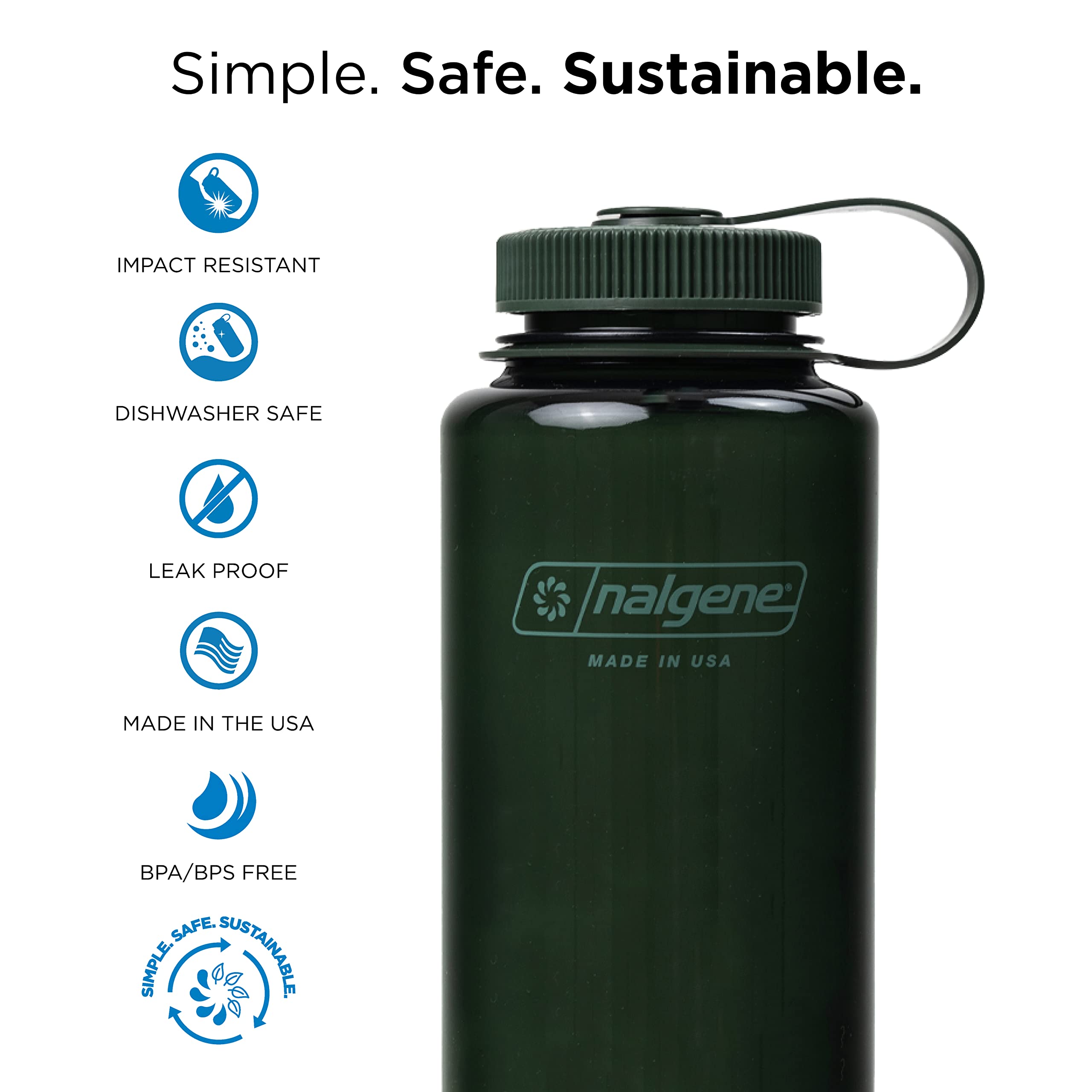 Nalgene Monochrome Bpa-Free Recycled Reusable Water Bottle For Backpacking, Hiking, Gym - 32 Oz Shatterproof Jade